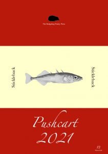 Pushcart Nominations pdf cover - red and cream cover image with a fish on it, and the words Pushcart 2021 - Sticklebacks - Hedgehog Poetry Press printed on it.